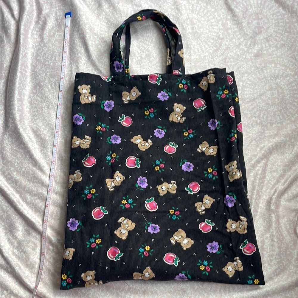 Black Tote Bag with Teddy Bear and Floral Print